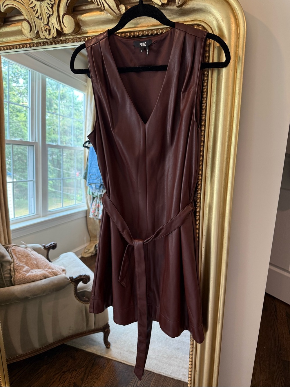 PAIGE Burgundy Faux Leather Sleeveless V-Neck Dress with Tie Waist
